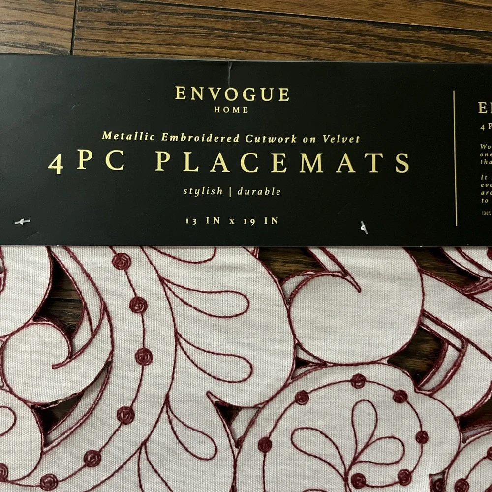 Envogue Home Set Of 4 Placemats Embroidered Cutouts Red Swirls Oeko Tex